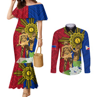 Philippines Lapu Lapu King Jasmine Flowers Couples Matching Mermaid Dress and Long Sleeve Button Shirt Filipino Sun Tattoo