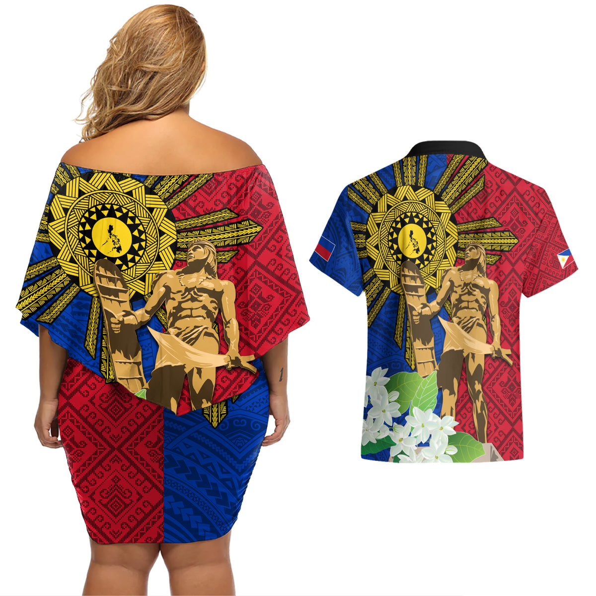Philippines Lapu Lapu King Jasmine Flowers Couples Matching Off Shoulder Short Dress and Hawaiian Shirt Filipino Sun Tattoo