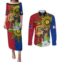 Philippines Lapu Lapu King Jasmine Flowers Couples Matching Puletasi and Long Sleeve Button Shirt Filipino Sun Tattoo
