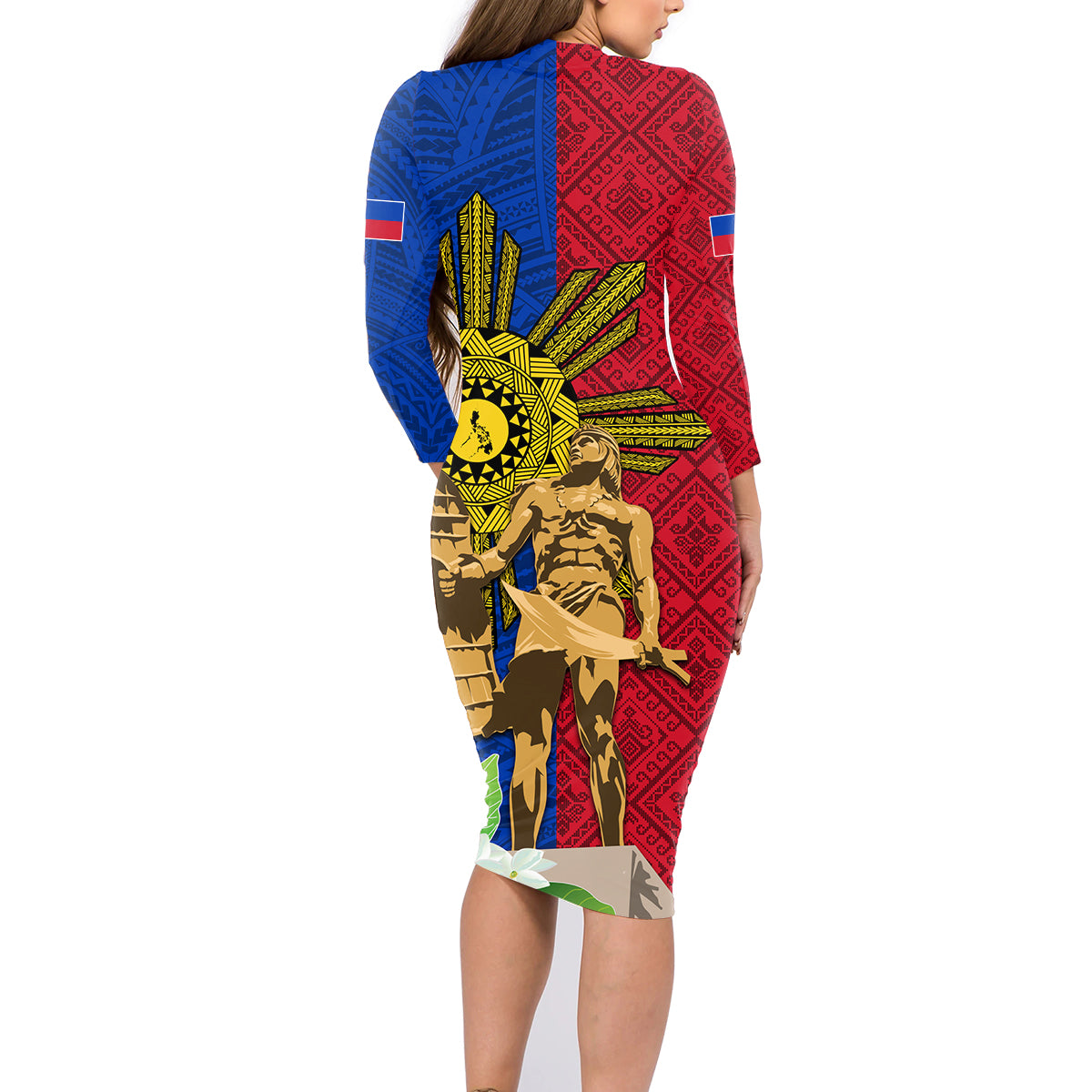 Philippines Lapu Lapu King Jasmine Flowers Family Matching Long Sleeve Bodycon Dress and Hawaiian Shirt Filipino Sun Tattoo