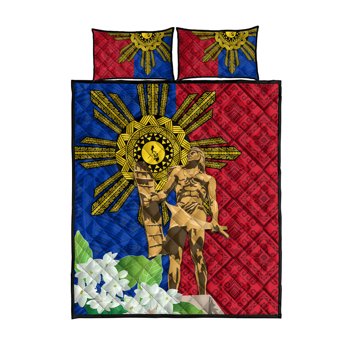 Philippines Lapu Lapu King Jasmine Flowers Quilt Bed Set Filipino Sun Tattoo