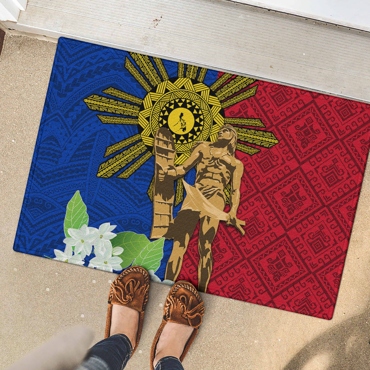 Philippines Lapu Lapu King Jasmine Flowers Rubber Doormat Filipino Sun Tattoo