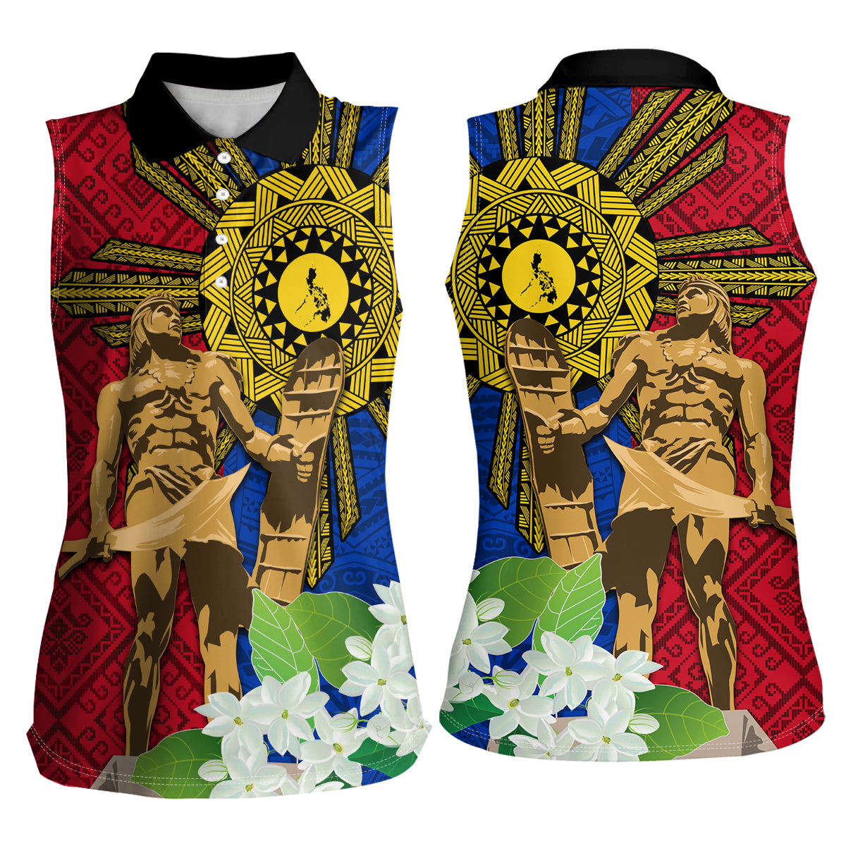 Philippines Lapu Lapu King Jasmine Flowers Women Sleeveless Polo Shirt Filipino Sun Tattoo
