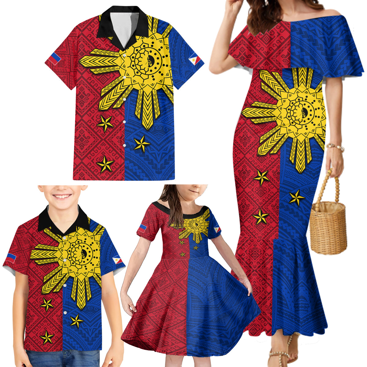 Philippines Sun Batok Tattoo Family Matching Mermaid Dress and Hawaiian Shirt Polynesian and Yakan Pattern