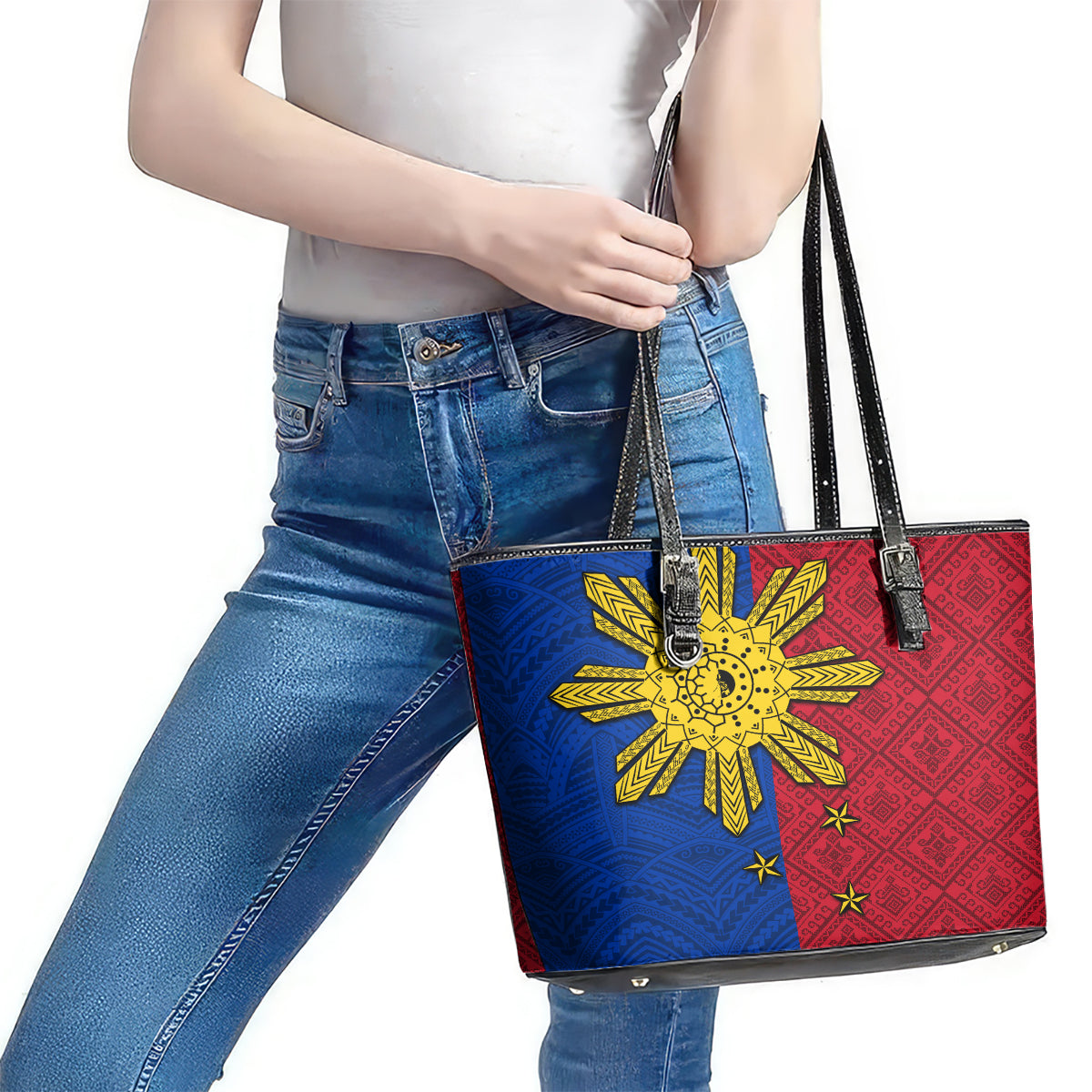 Philippines Sun Batok Tattoo Leather Tote Bag Polynesian and Yakan Pattern