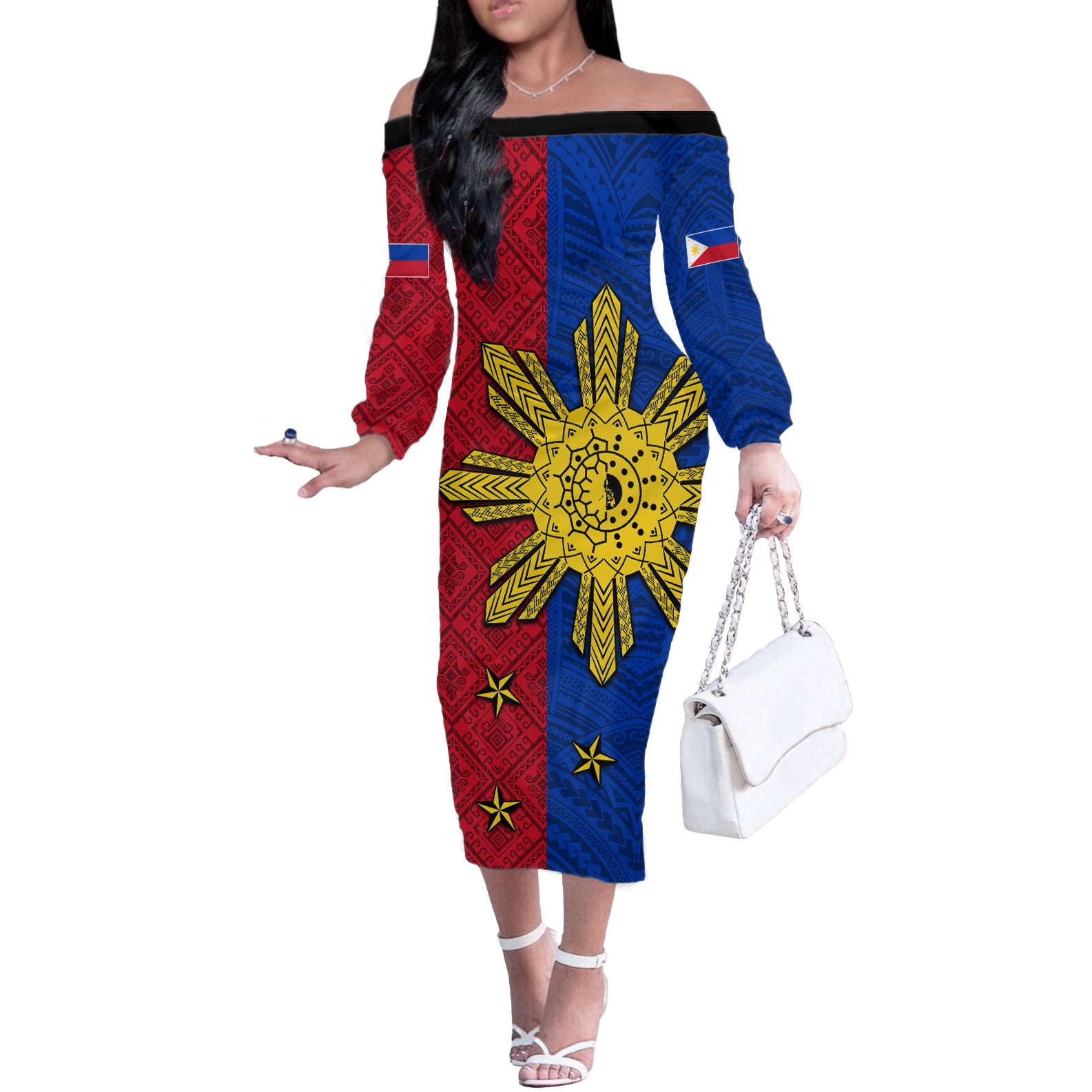 Philippines Sun Batok Tattoo Off The Shoulder Long Sleeve Dress Polynesian and Yakan Pattern