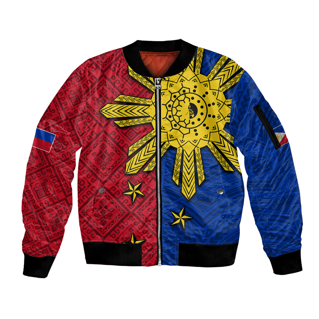 Philippines Sun Batok Tattoo Sleeve Zip Bomber Jacket Polynesian and Yakan Pattern
