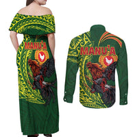 Proud of Manu'a Islands Couples Matching Off Shoulder Maxi Dress and Long Sleeve Button Shirt Rooster and Polynesian Art Wing Style LT03 - Polynesian Pride