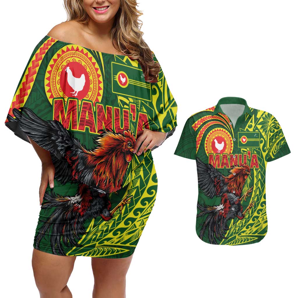 Proud of Manu'a Islands Couples Matching Off Shoulder Short Dress and Hawaiian Shirt Rooster and Polynesian Art Wing Style
