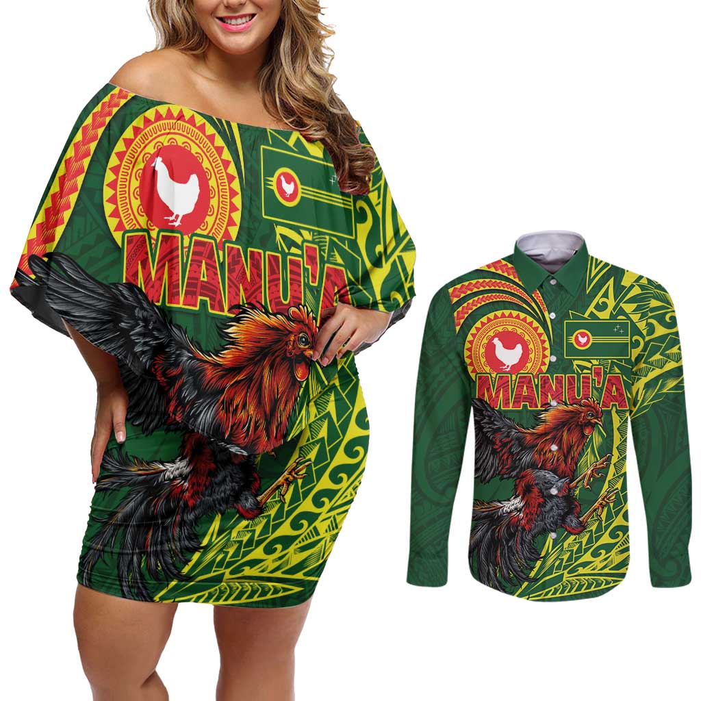 Proud of Manu'a Islands Couples Matching Off Shoulder Short Dress and Long Sleeve Button Shirt Rooster and Polynesian Art Wing Style LT03 Green - Polynesian Pride