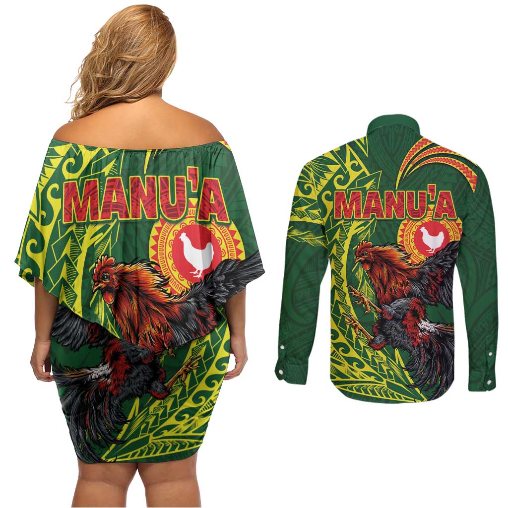 Proud of Manu'a Islands Couples Matching Off Shoulder Short Dress and Long Sleeve Button Shirt Rooster and Polynesian Art Wing Style LT03 - Polynesian Pride