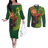 Proud of Manu'a Islands Couples Matching Off The Shoulder Long Sleeve Dress and Long Sleeve Button Shirt Rooster and Polynesian Art Wing Style