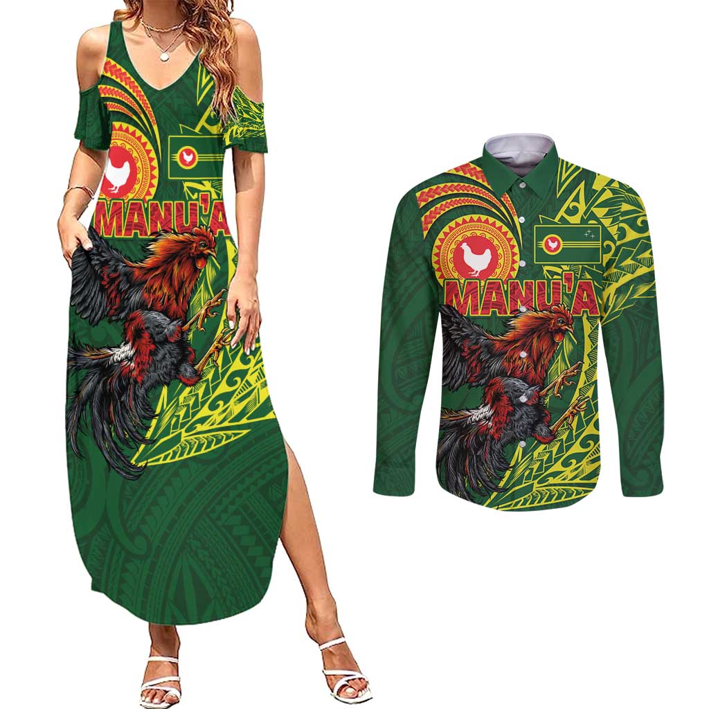 Proud of Manu'a Islands Couples Matching Summer Maxi Dress and Long Sleeve Button Shirt Rooster and Polynesian Art Wing Style LT03 Green - Polynesian Pride