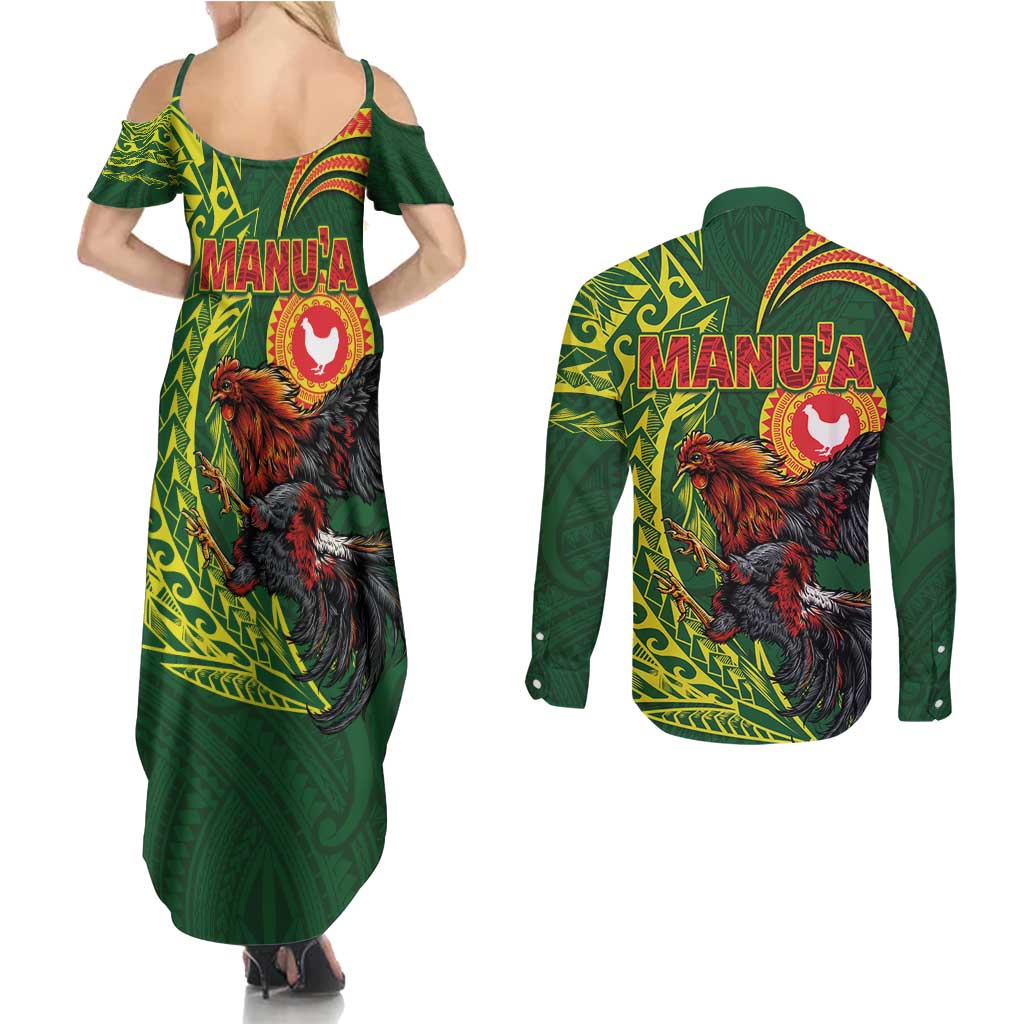 Proud of Manu'a Islands Couples Matching Summer Maxi Dress and Long Sleeve Button Shirt Rooster and Polynesian Art Wing Style LT03 - Polynesian Pride