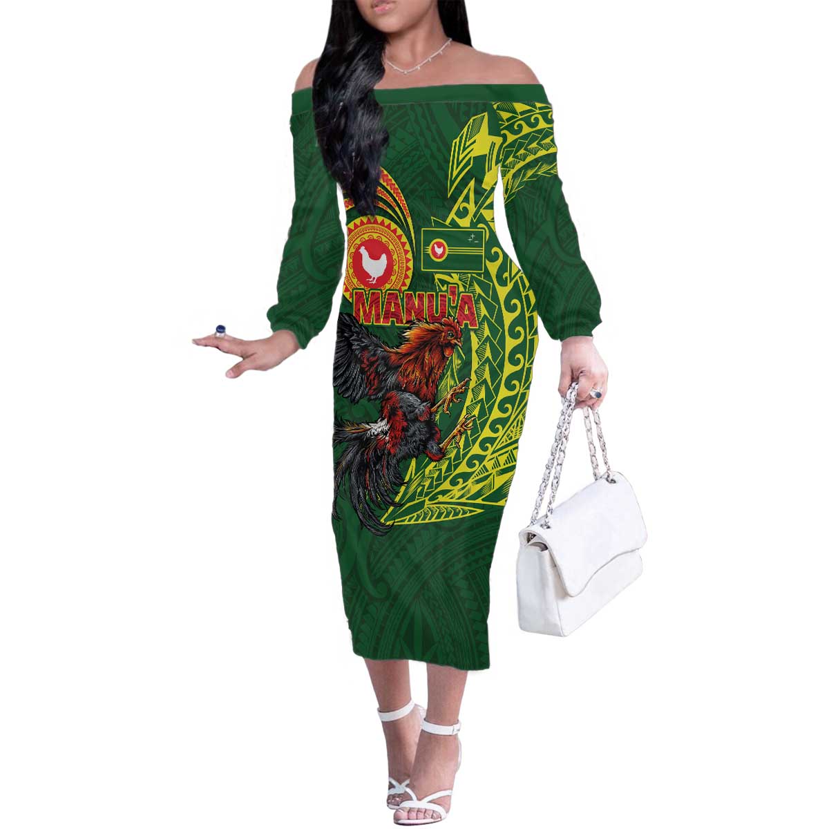 Proud of Manu'a Islands Family Matching Off The Shoulder Long Sleeve Dress and Hawaiian Shirt Rooster and Polynesian Art Wing Style