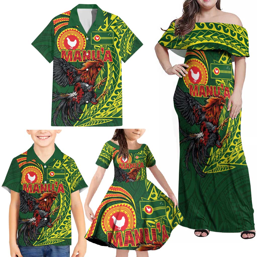 Proud of Manu'a Islands Family Matching Off Shoulder Maxi Dress and Hawaiian Shirt Rooster and Polynesian Art Wing Style