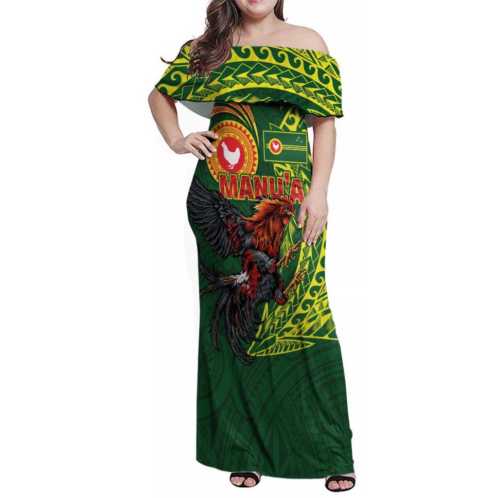 Proud of Manu'a Islands Family Matching Off Shoulder Maxi Dress and Hawaiian Shirt Rooster and Polynesian Art Wing Style