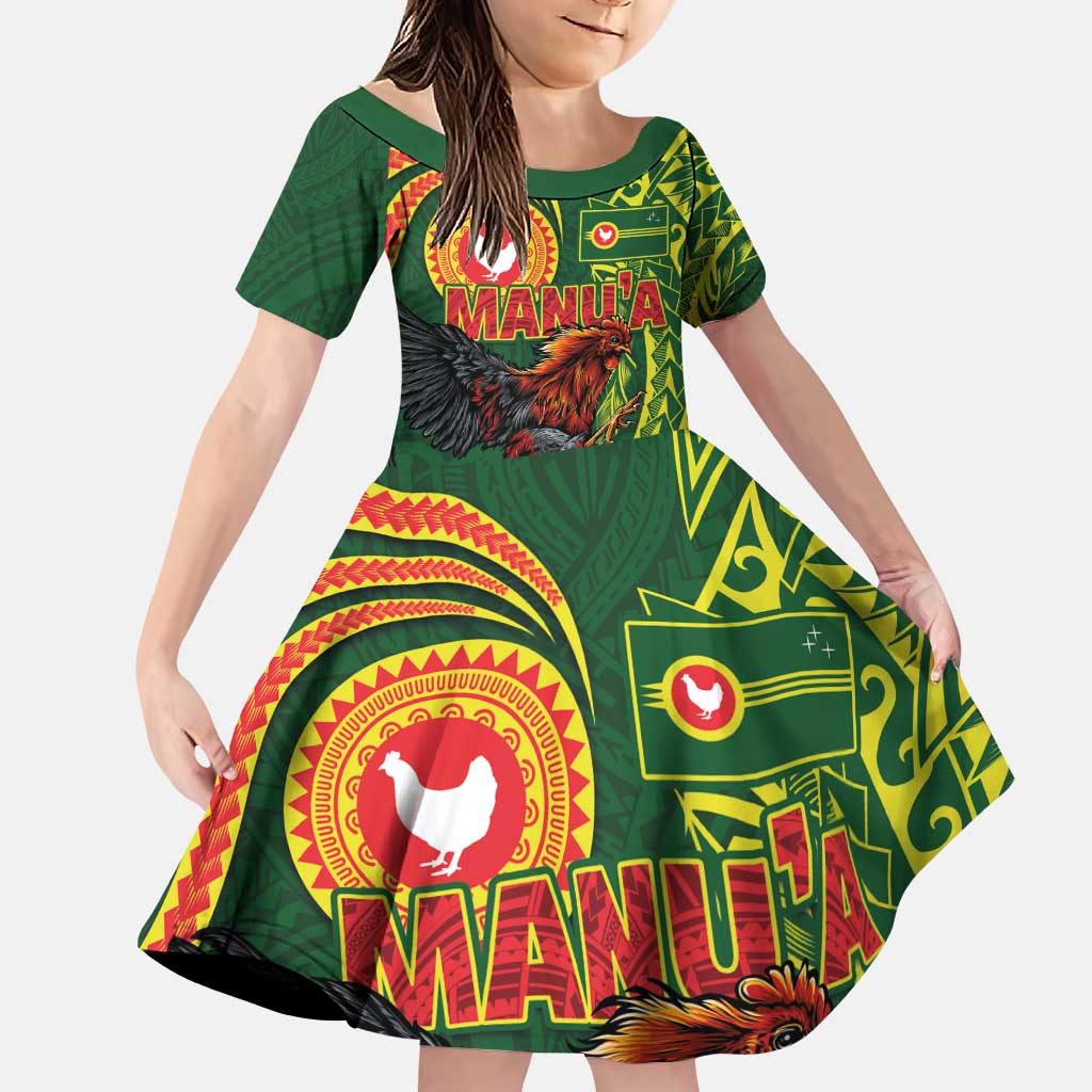 Proud of Manu'a Islands Family Matching Puletasi and Hawaiian Shirt Rooster and Polynesian Art Wing Style LT03 Daughter's Dress Green - Polynesian Pride