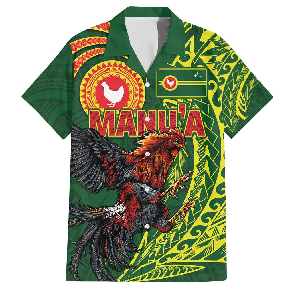 Proud of Manu'a Islands Family Matching Puletasi and Hawaiian Shirt Rooster and Polynesian Art Wing Style LT03 Dad's Shirt - Short Sleeve Green - Polynesian Pride