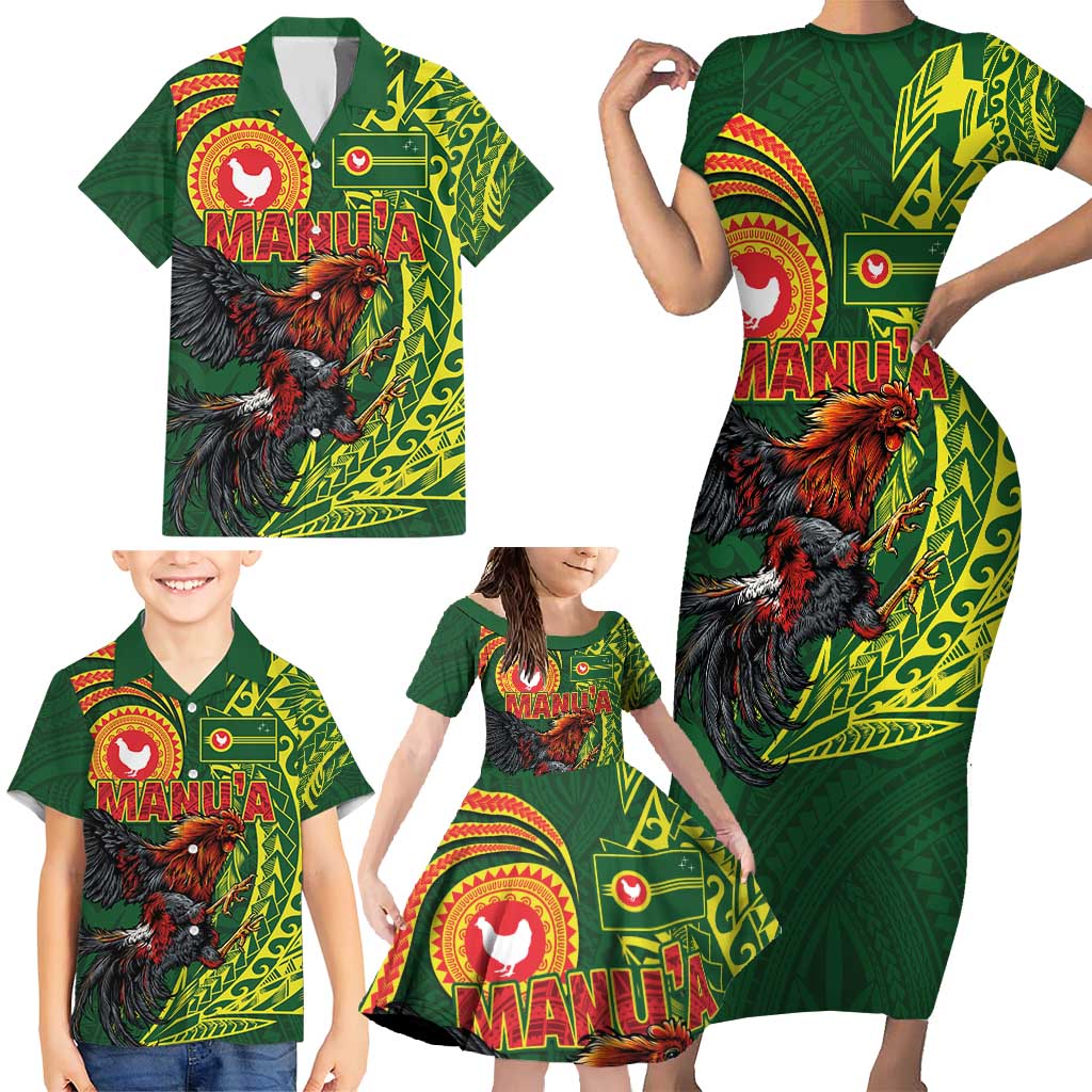 Proud of Manu'a Islands Family Matching Short Sleeve Bodycon Dress and Hawaiian Shirt Rooster and Polynesian Art Wing Style