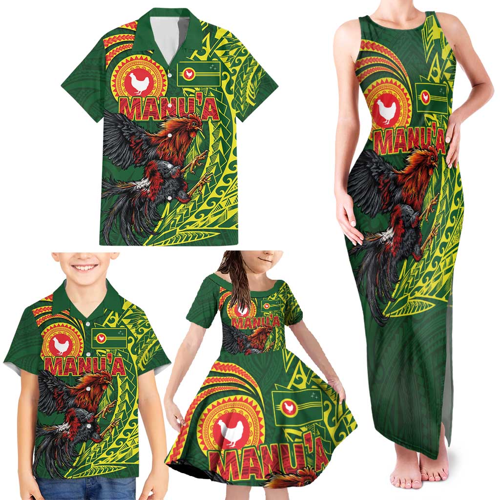 Proud of Manu'a Islands Family Matching Tank Maxi Dress and Hawaiian Shirt Rooster and Polynesian Art Wing Style