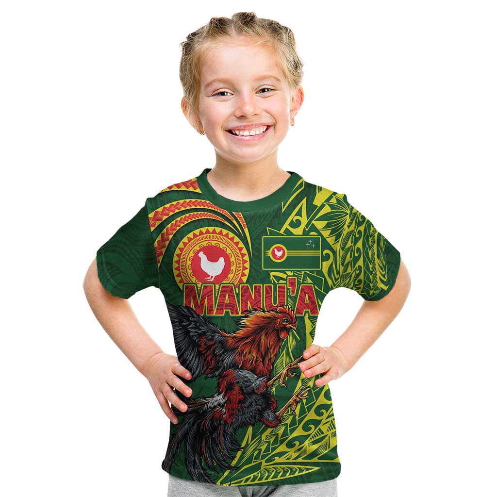Proud of Manu'a Islands Kid T Shirt Rooster and Polynesian Art Wing Style LT03 Green - Polynesian Pride