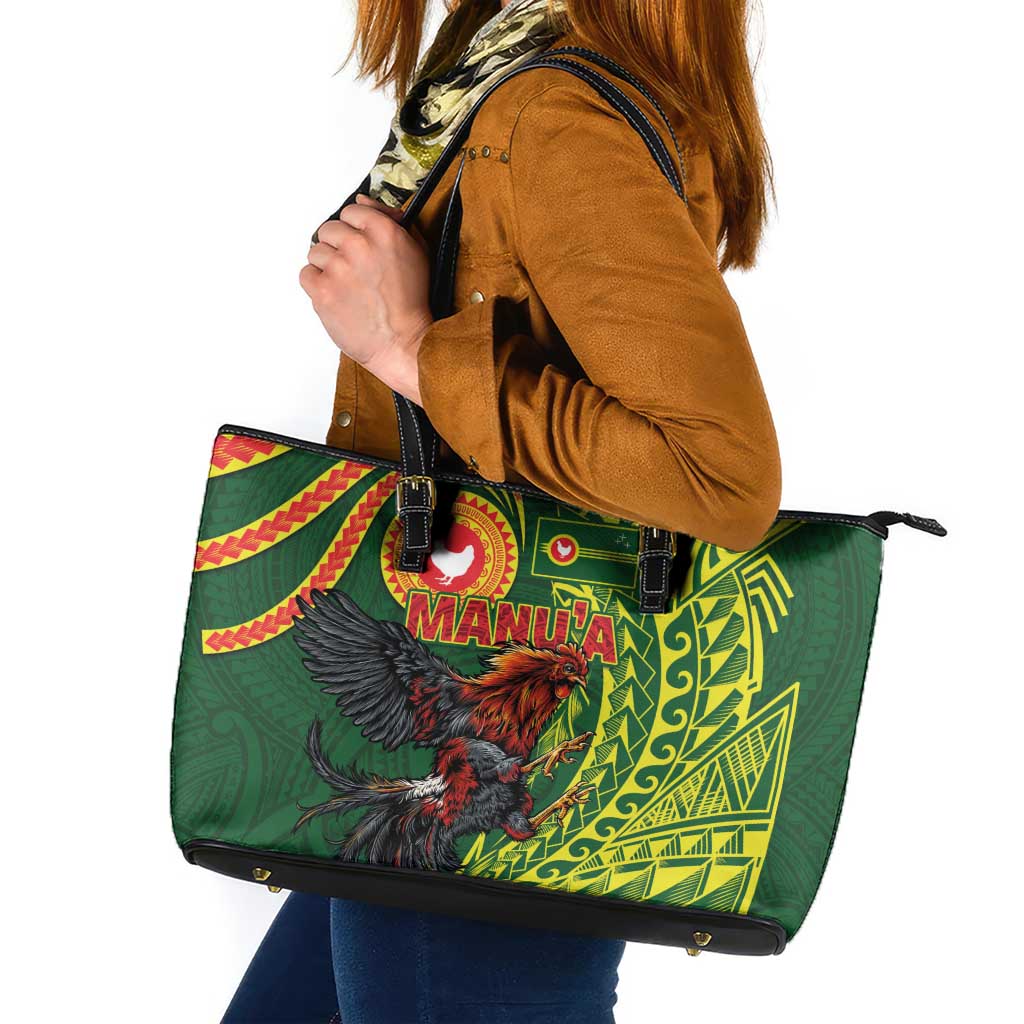 Proud of Manu'a Islands Leather Tote Bag Rooster and Polynesian Art Wing Style LT03 Green - Polynesian Pride