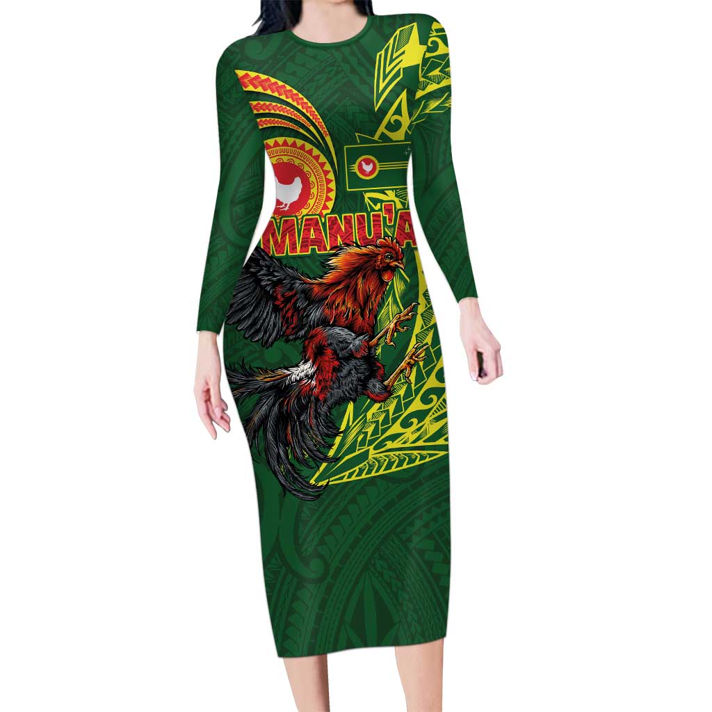 Proud of Manu'a Islands Long Sleeve Bodycon Dress Rooster and Polynesian Art Wing Style