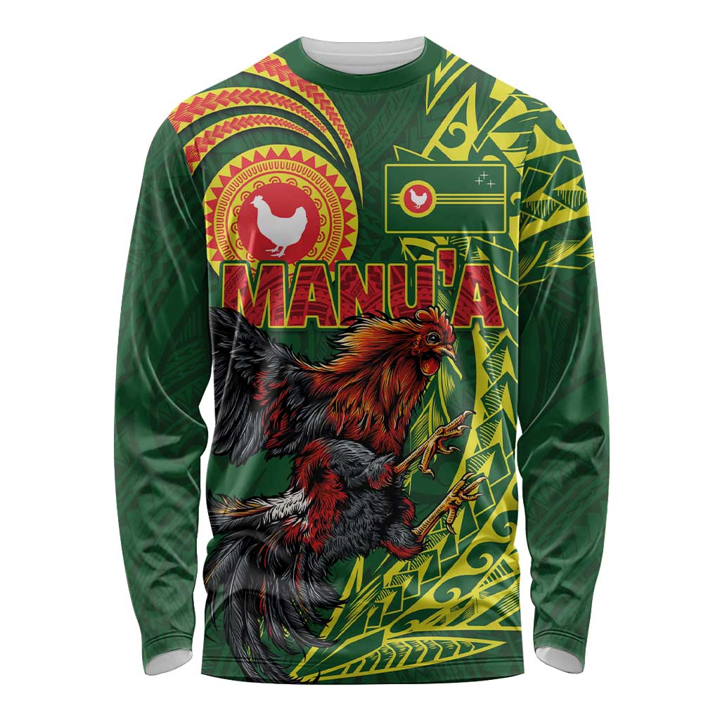 Proud of Manu'a Islands Long Sleeve Shirt Rooster and Polynesian Art Wing Style LT03 Unisex Green - Polynesian Pride