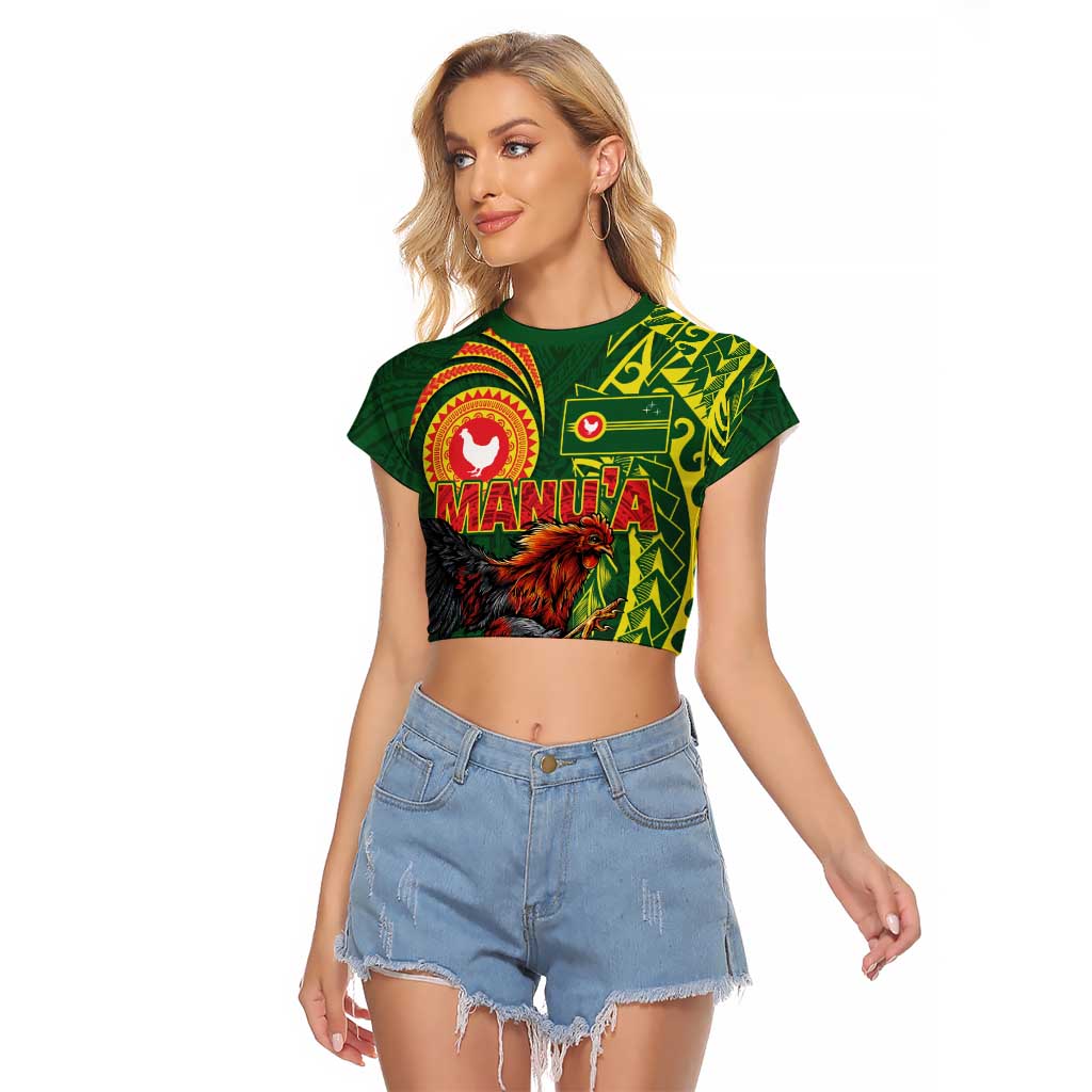 Proud of Manu'a Islands Raglan Cropped T Shirt Rooster and Polynesian Art Wing Style LT03 Female Green - Polynesian Pride