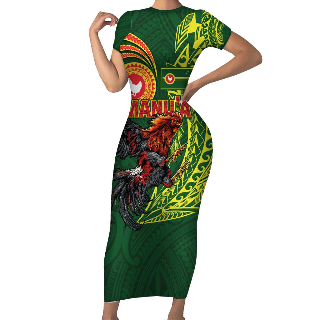 Proud of Manu'a Islands Short Sleeve Bodycon Dress Rooster and Polynesian Art Wing Style