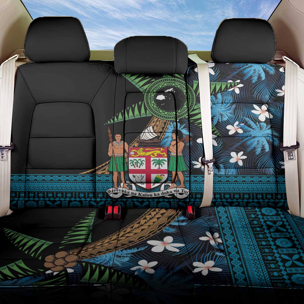 Fiji Day Back Car Seat Cover Palm Tree With Plumeria Tapa Tribal Pattern