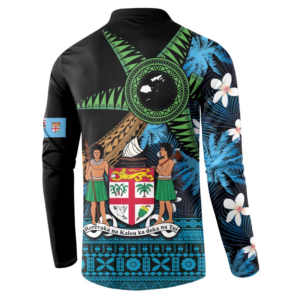 Fiji Day Button Sweatshirt Palm Tree With Plumeria Tapa Tribal Pattern