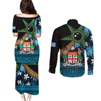 Fiji Day Couples Matching Puletasi and Long Sleeve Button Shirt Palm Tree With Plumeria Tapa Tribal Pattern