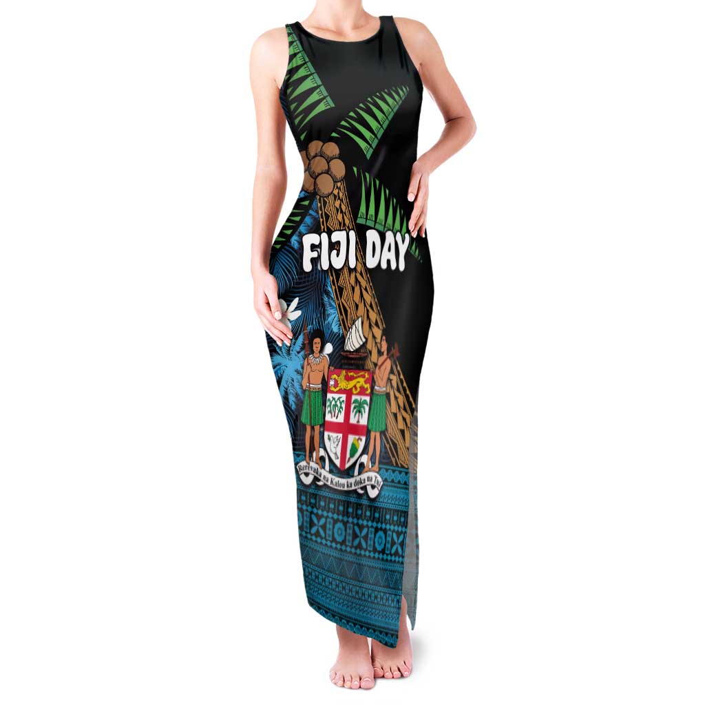 Fiji Day Family Matching Tank Maxi Dress and Hawaiian Shirt Palm Tree With Plumeria Tapa Tribal Pattern