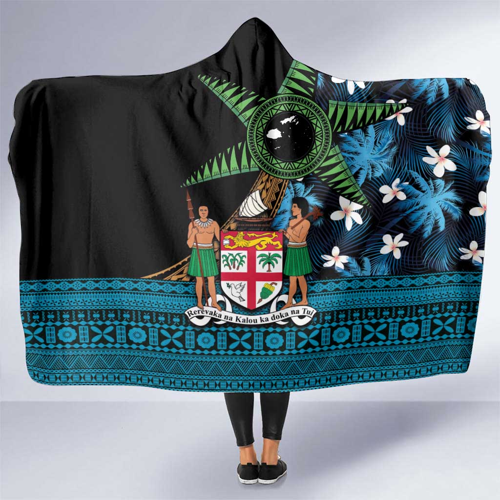 Fiji Day Hooded Blanket Palm Tree With Plumeria Tapa Tribal Pattern