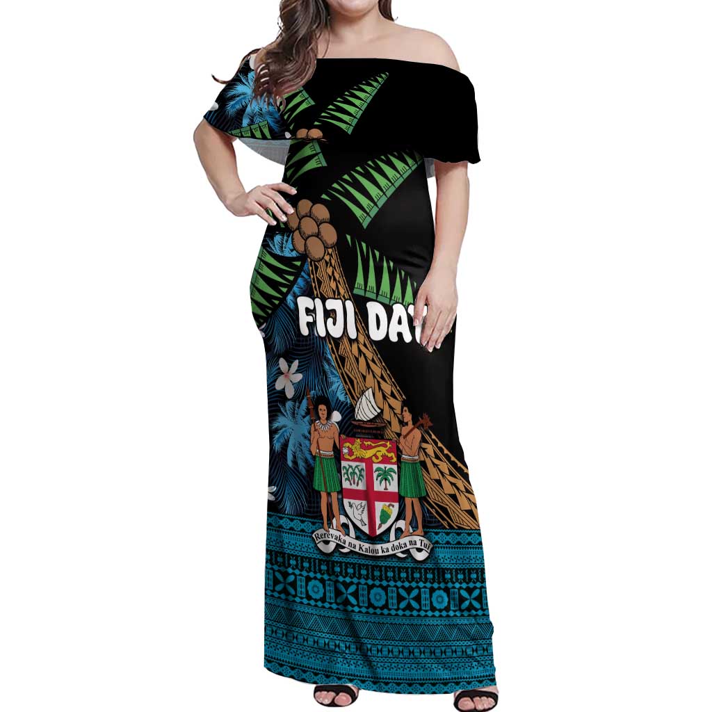 Fiji Day Off Shoulder Maxi Dress Palm Tree With Plumeria Tapa Tribal Pattern