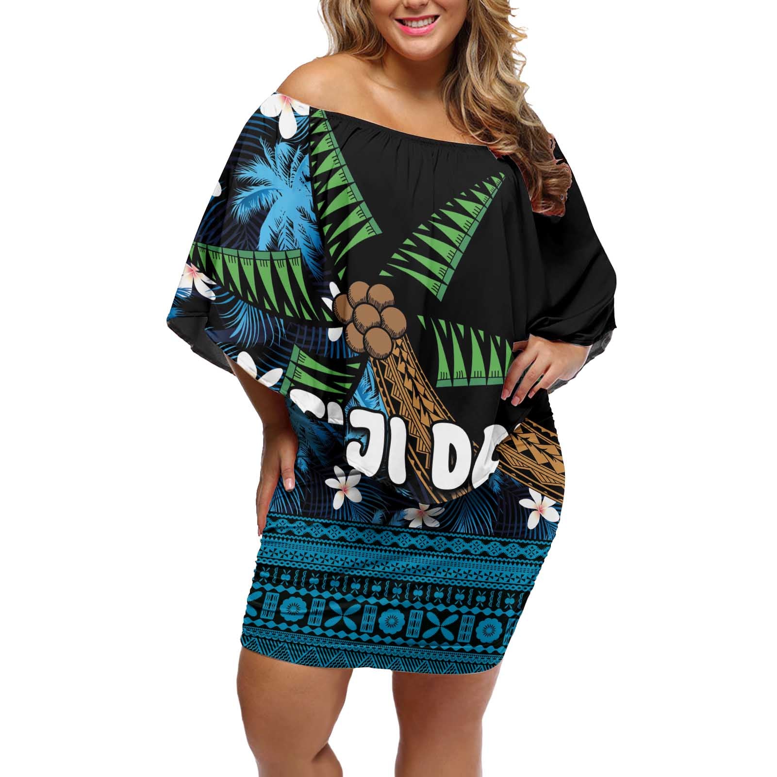 Fiji Day Off Shoulder Short Dress Palm Tree With Plumeria Tapa Tribal Pattern