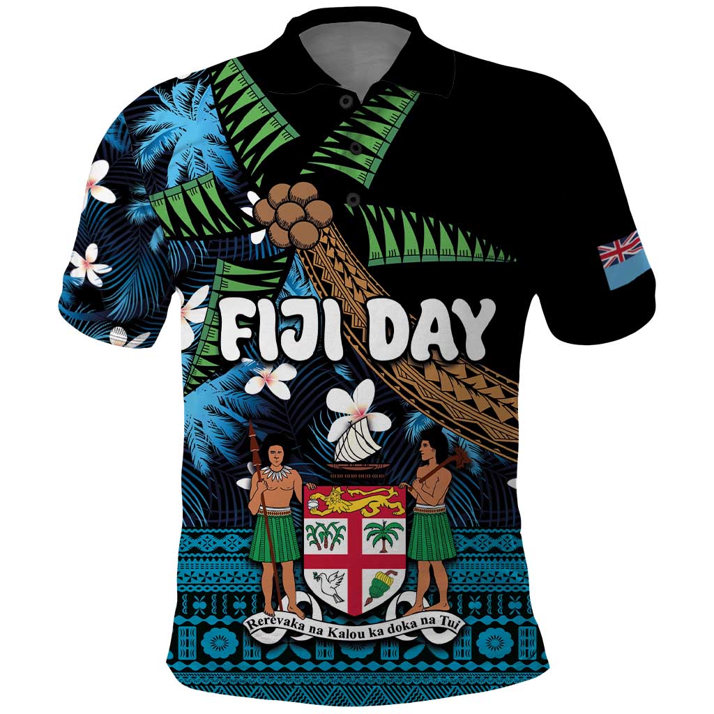 Fiji Day Polo Shirt Palm Tree With Plumeria Tapa Tribal Pattern