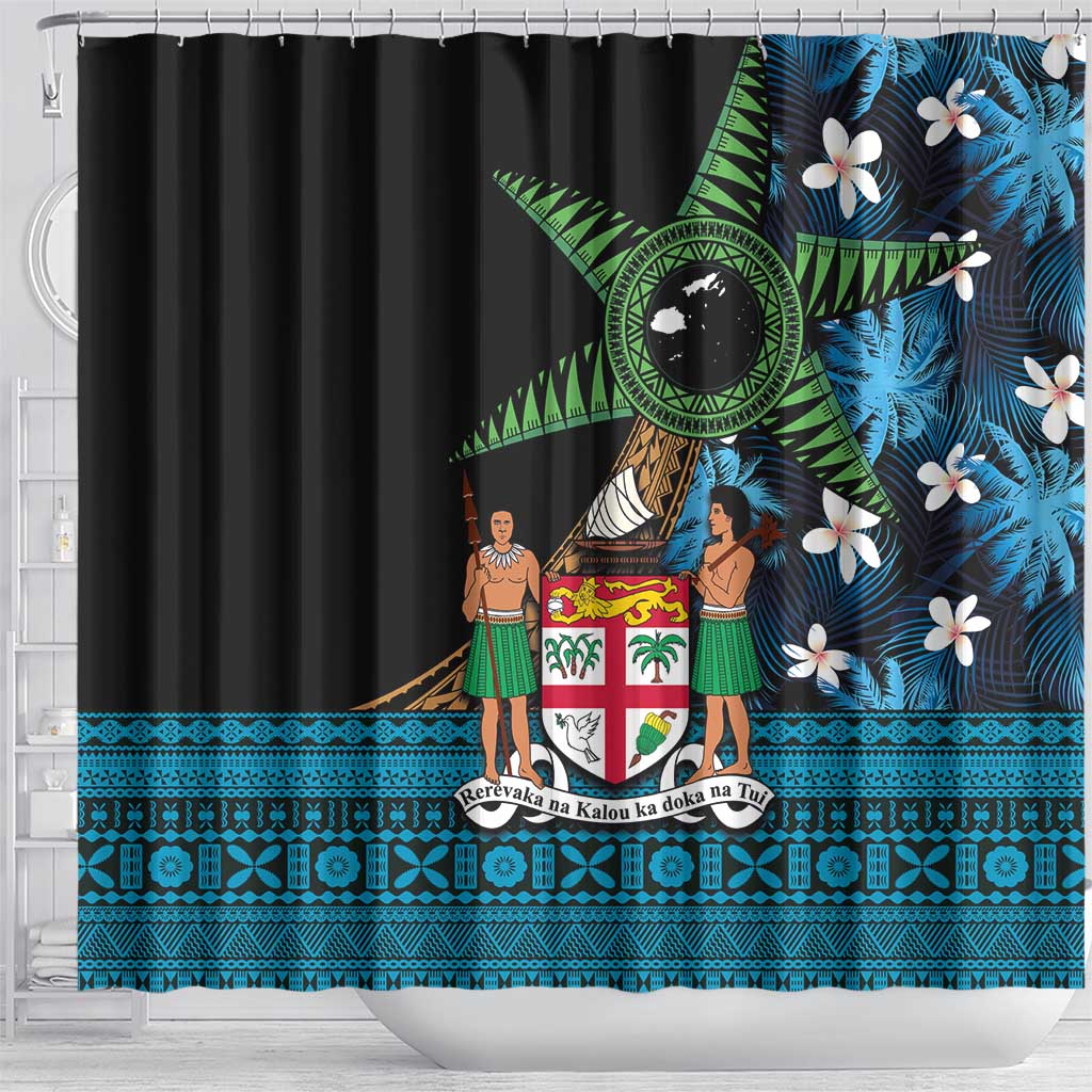 Fiji Day Shower Curtain Palm Tree With Plumeria Tapa Tribal Pattern