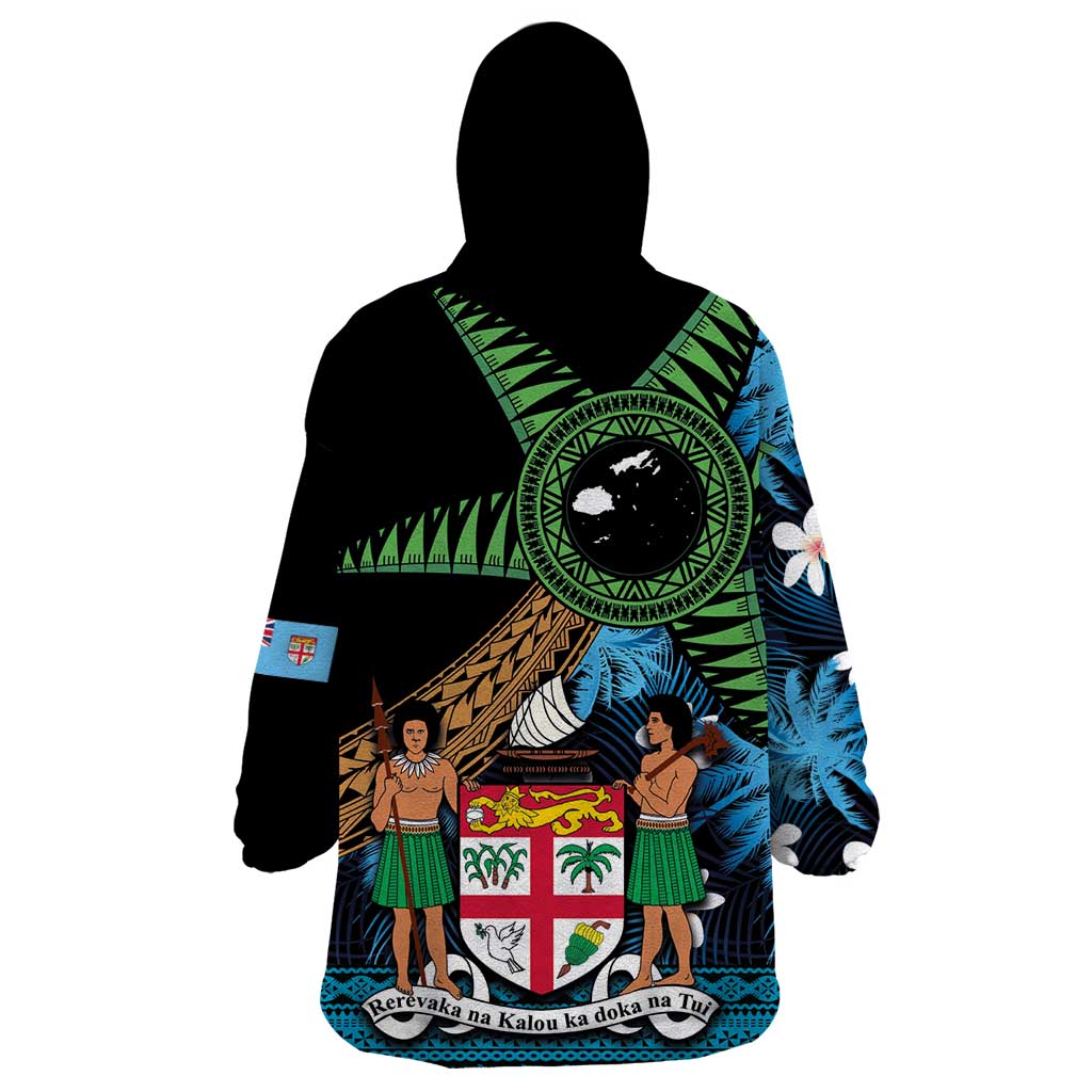 Fiji Day Wearable Blanket Hoodie Palm Tree With Plumeria Tapa Tribal Pattern