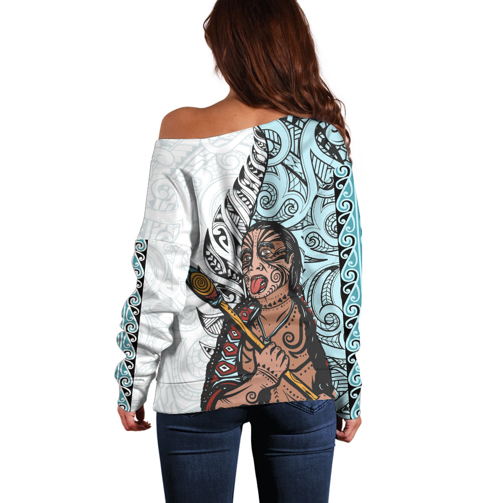Maori Warrior Off Shoulder Sweater Silver Fern New Zealand Map With Kowhaiwhai Pattern LT03 - Polynesian Pride