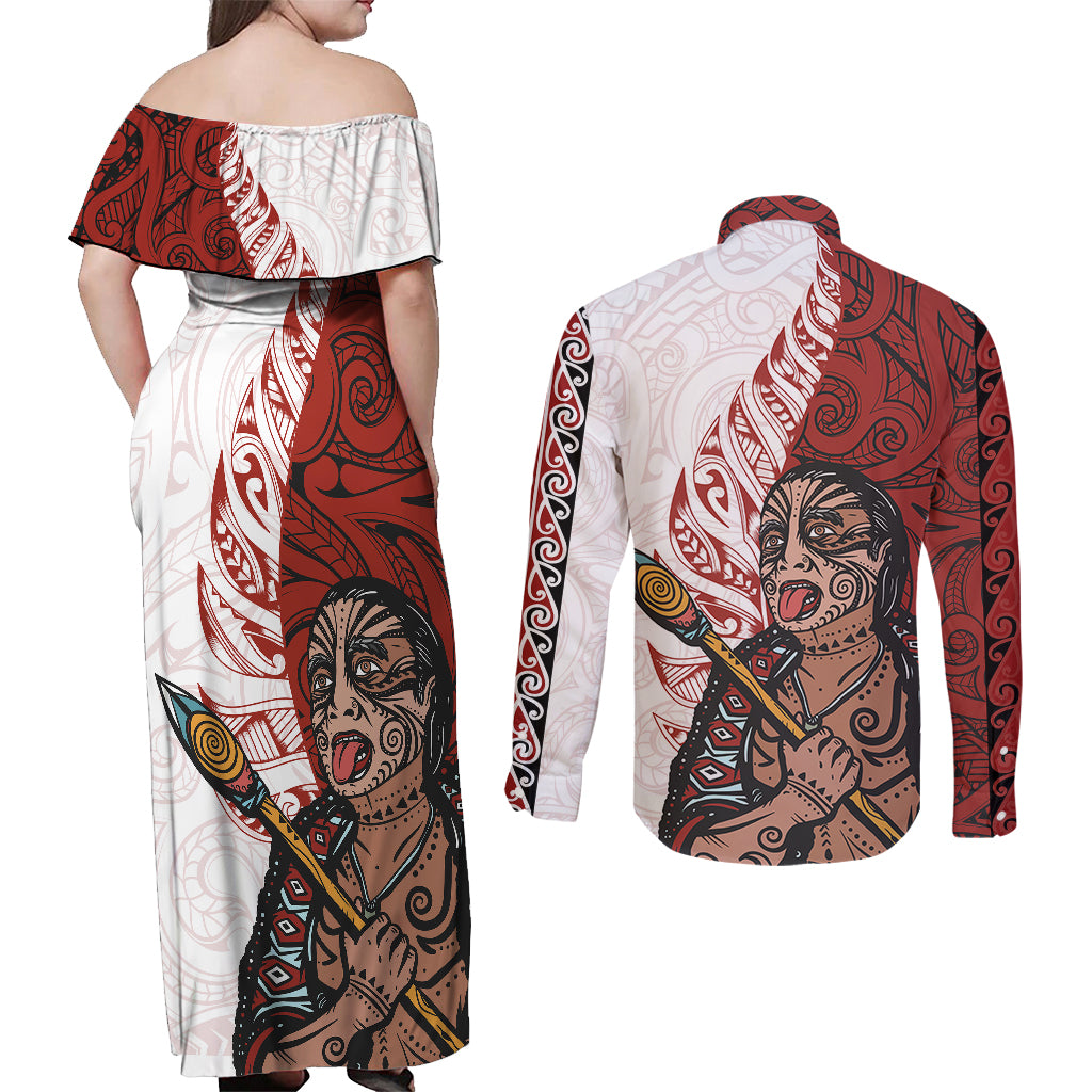 Maori Warrior Couples Matching Off Shoulder Maxi Dress and Long Sleeve Button Shirts Silver Fern New Zealand Map With Kowhaiwhai Pattern LT03 - Polynesian Pride