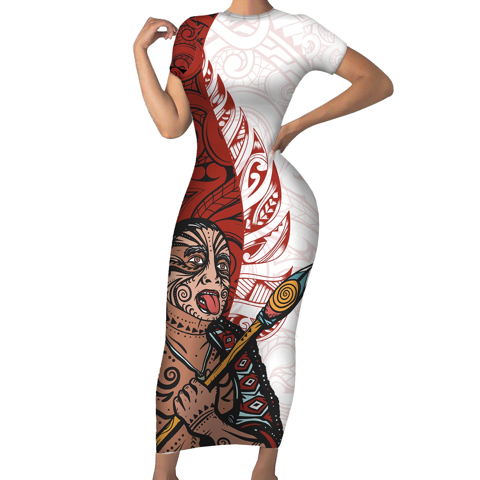 Maori Warrior Short Sleeve Bodycon Dress Silver Fern New Zealand Map With Kowhaiwhai Pattern LT03 Long Dress Red - Polynesian Pride