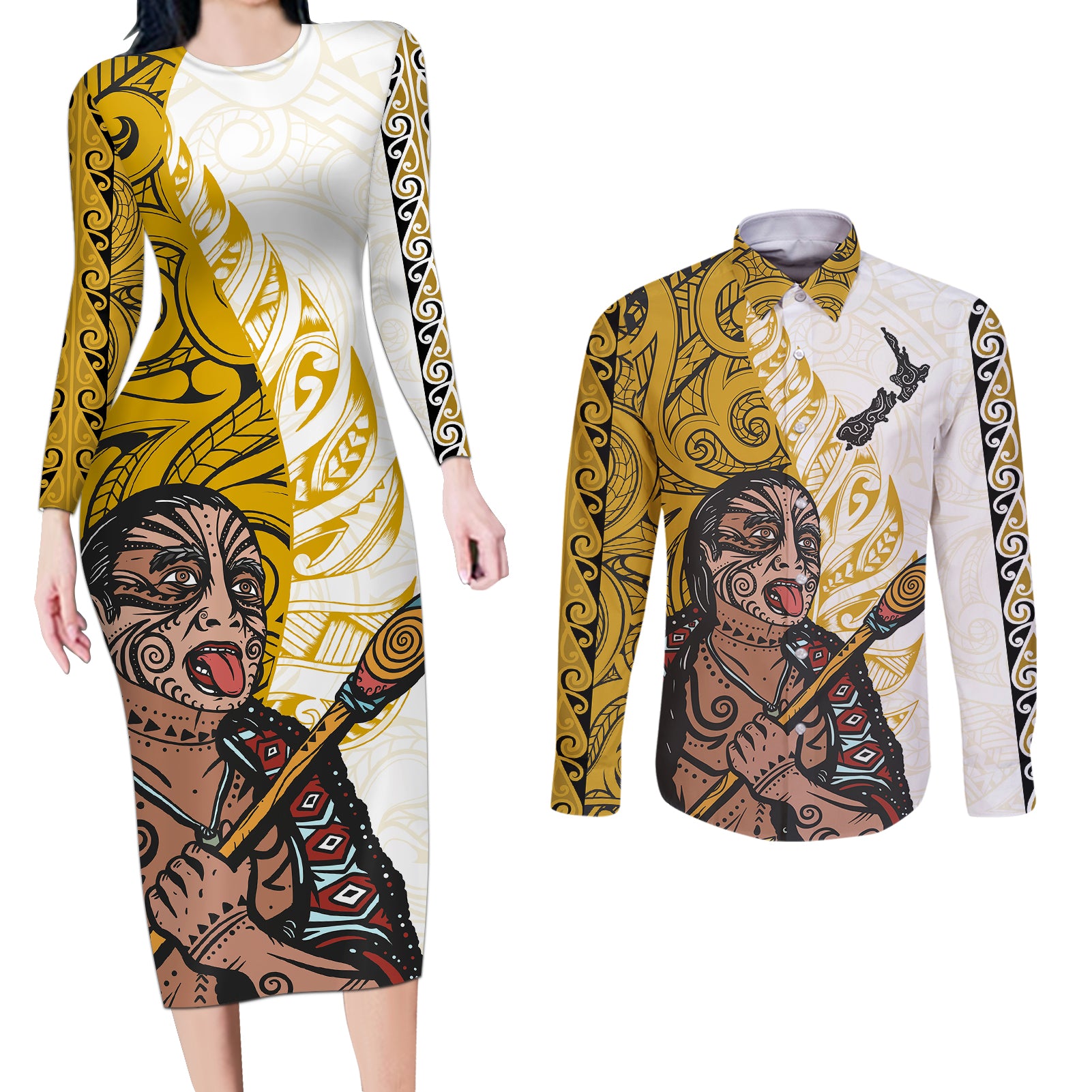 Maori Warrior Couples Matching Long Sleeve Bodycon Dress and Long Sleeve Button Shirts Silver Fern New Zealand Map With Kowhaiwhai Pattern LT03 Gold - Polynesian Pride