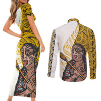 Maori Warrior Couples Matching Short Sleeve Bodycon Dress and Long Sleeve Button Shirts Silver Fern New Zealand Map With Kowhaiwhai Pattern LT03 - Polynesian Pride