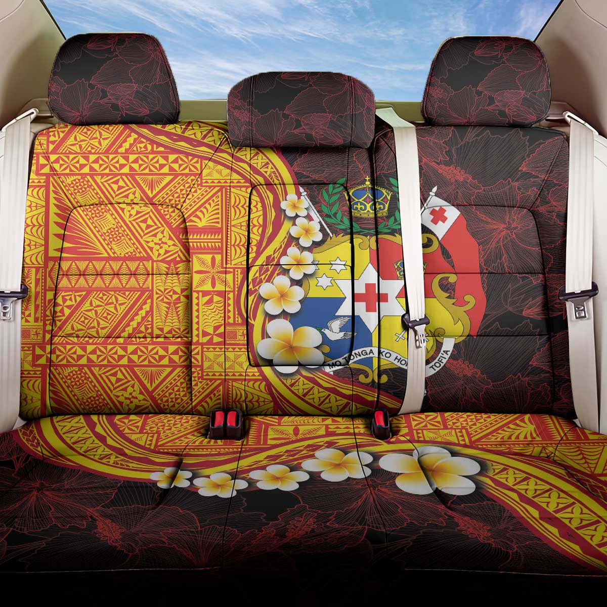 Tonga Culture Back Car Seat Cover Ngatu Pattern with Plumeria and Hibiscus