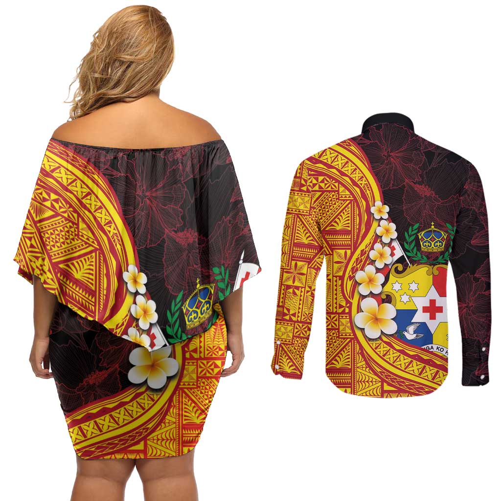 Tonga Culture Couples Matching Off Shoulder Short Dress and Long Sleeve Button Shirt Ngatu Pattern with Plumeria and Hibiscus