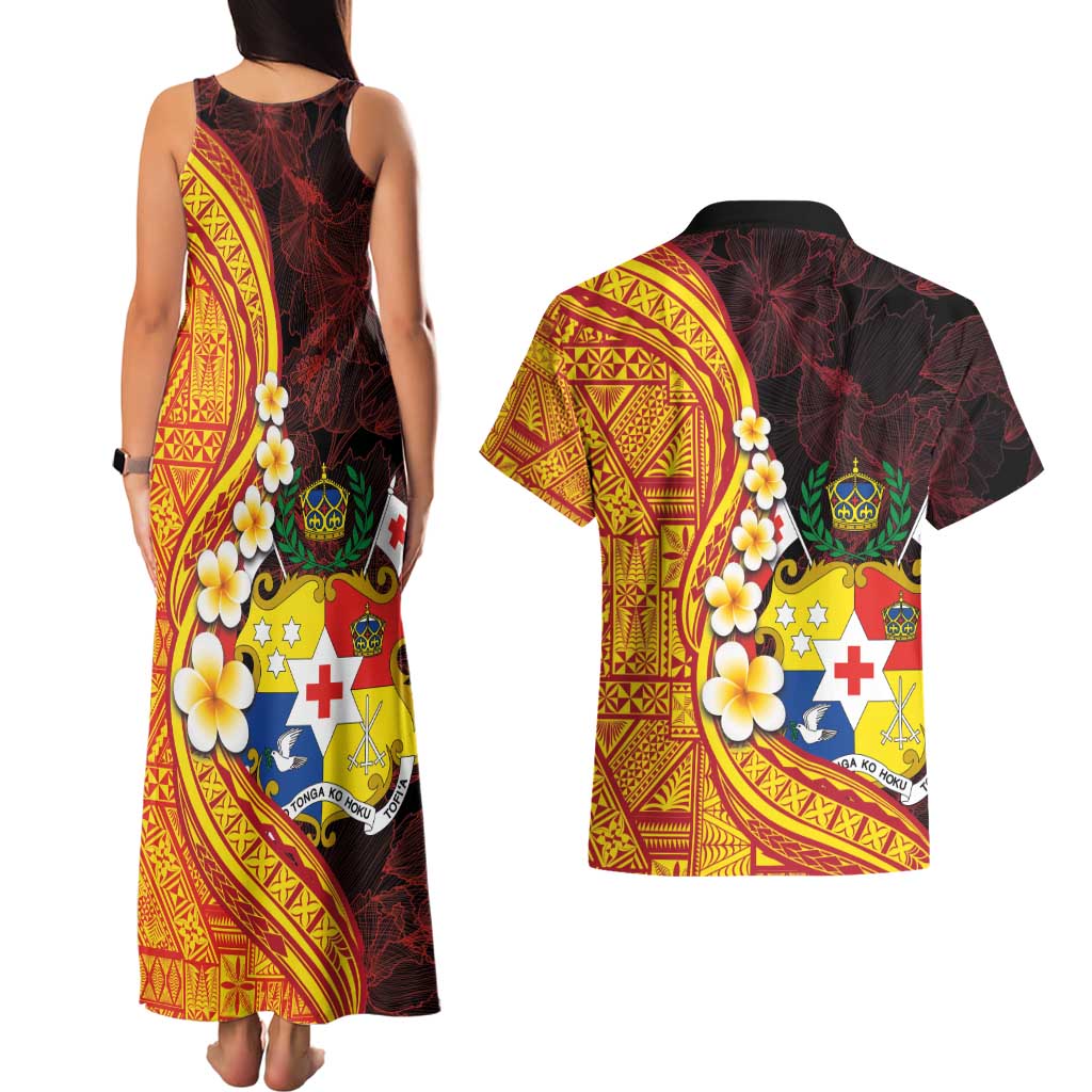 Tonga Culture Couples Matching Tank Maxi Dress and Hawaiian Shirt Ngatu Pattern with Plumeria and Hibiscus