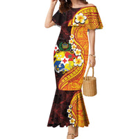 Tonga Culture Family Matching Mermaid Dress and Hawaiian Shirt Ngatu Pattern with Plumeria and Hibiscus